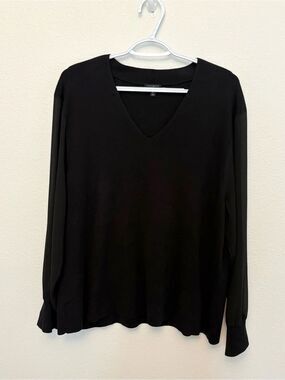 Talbots Plus Cotton Blend Black Long Sleeve V Neck Blouse Sheer Sleeves Size 2X